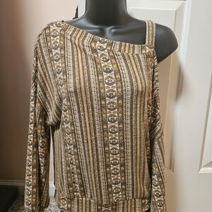 Daytrip Brown and Tan Striped Cold Shoulder Top